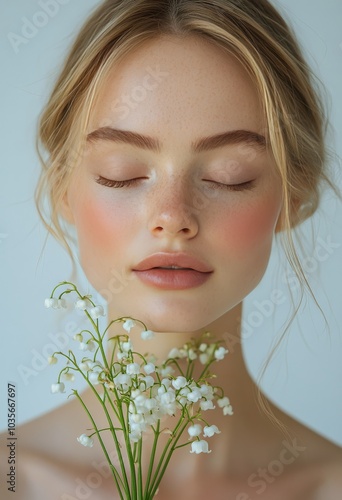 A serene portrait of a woman holding lily of the valley flowers against a neu...