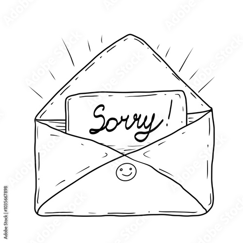 A simple black and white line drawing of an open envelope with a handwritten card that says "Sorry!" The envelope has a smiley face on the flap, conveying a lighthearted apology.