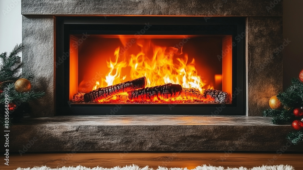 Cozy fireplace with glowing flames, decorated for the holidays creating a warm atmosphere Cozy fireplace with glowing flames, decorated for the holidays creating a warm atmosphere