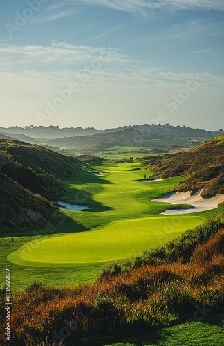 A serene late afternoon on the golf course with lush green fairways and dista...