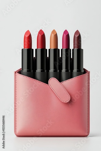 A stylish pink pouch holding five vibrant lipsticks arranged in a neat row
