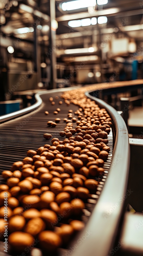 Conveyor Belt Filled With Walnuts In A Food Processing Factory Conveyor Belt Filled With Walnuts In A Food Processing Factory