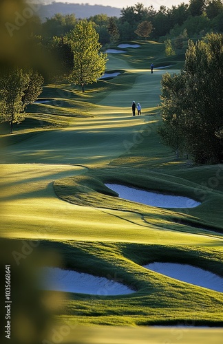 A serene late afternoon on the golf course with lush green fairways and dista...