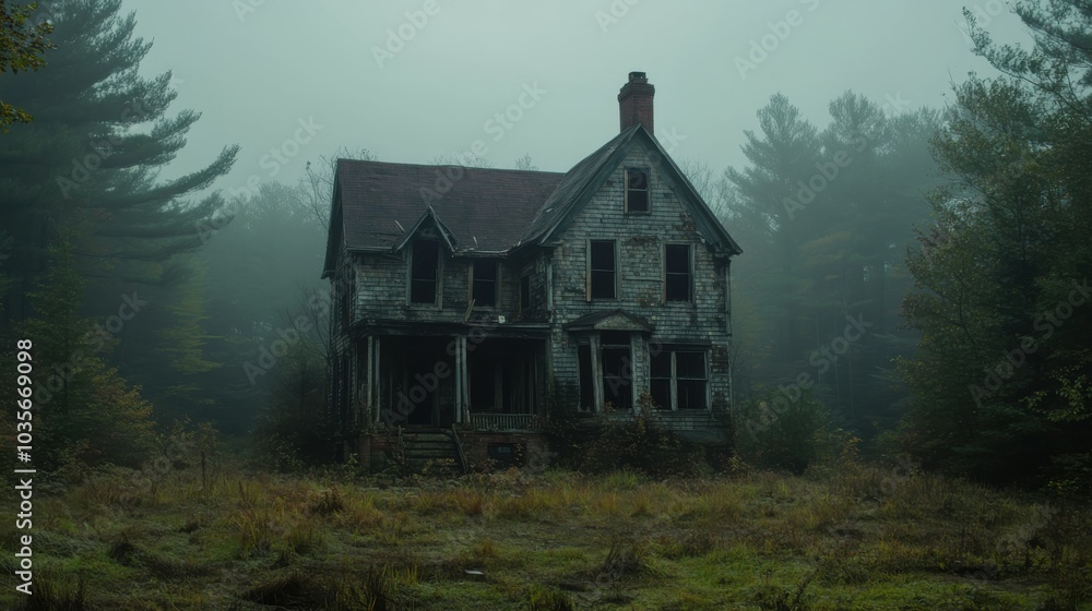 A haunted house with boarded-up windows and a leaning chimney, surrounded by a foggy forest, offering large copy space in the front yard for text or graphics