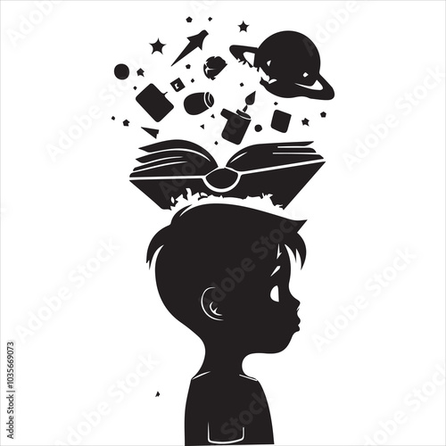 simple logo of the silhouette of a little boy with objects coming out of a book on his head representing imagination, on white background