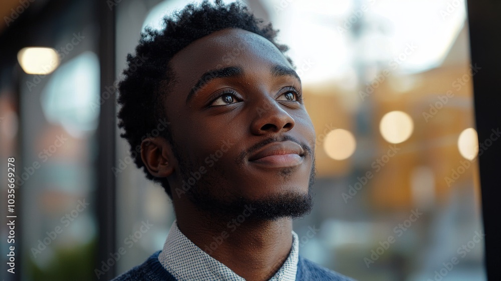 Confident young entrepreneur in close-up, slightly smiling as they gaze into the distance, reflecting their future goals and ambition, professional setting behind Confident young entrepreneur in close-up, slightly smiling as they gaze into the distance, reflecting their future goals and ambition, professional setting behind