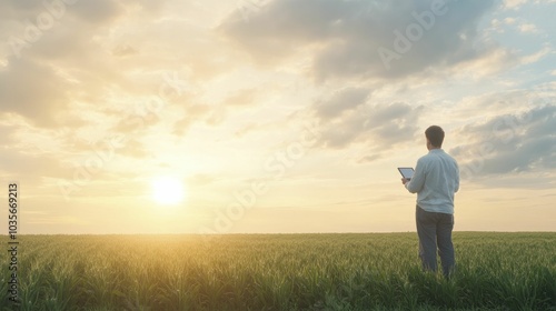 A modern farmer using a tablet in a smart farm, lush fields, sunlight streaming through clouds