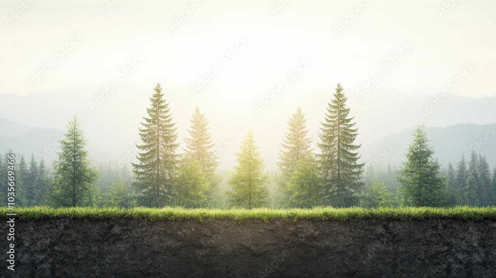 Fototapeta premium Biodiversity preservation concept with layered natural ecosystems, forest landscape, vibrant sunlight
