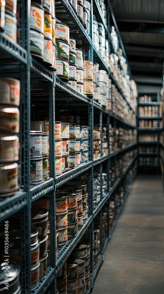 Canned Goods Storage: Rows of Metal Shelves Filled with Food Canned Goods Storage: Rows of Metal Shelves Filled with Food