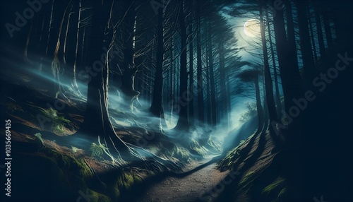 dark foggy forest at night