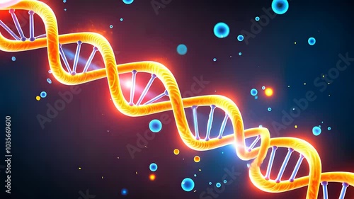 Glowing DNA Strand with Cells and Particles in Background

 photo