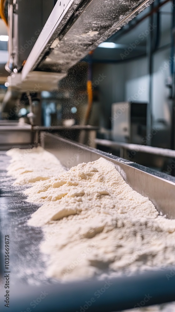 Close-up of Flour on a Conveyor Belt in a Food Production Facility Close-up of Flour on a Conveyor Belt in a Food Production Facility