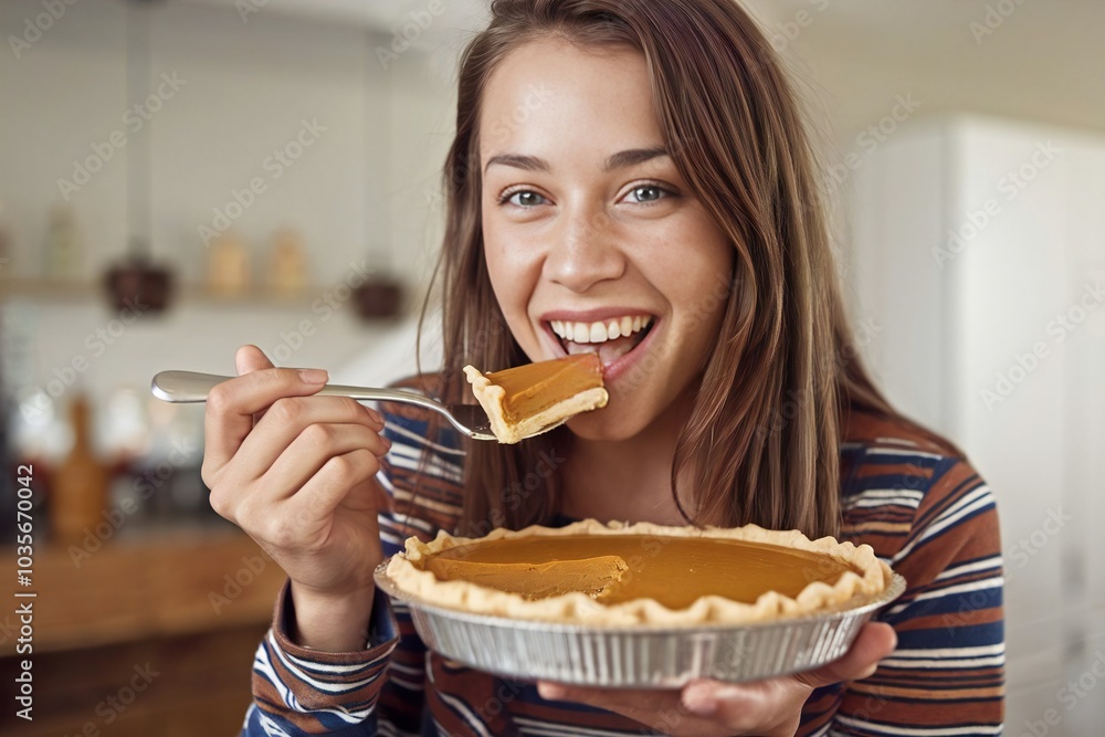 Happy woman tastes her homemade pumpkin pie in the kitchen Happy woman tastes her homemade pumpkin pie in the kitchen