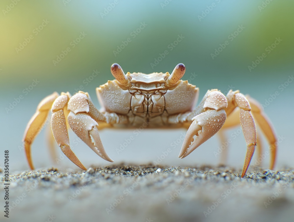 Macro shot of a crab crawling on sandy ocean floor, natural lighting, detailed textures Macro shot of a crab crawling on sandy ocean floor, natural lighting, detailed textures