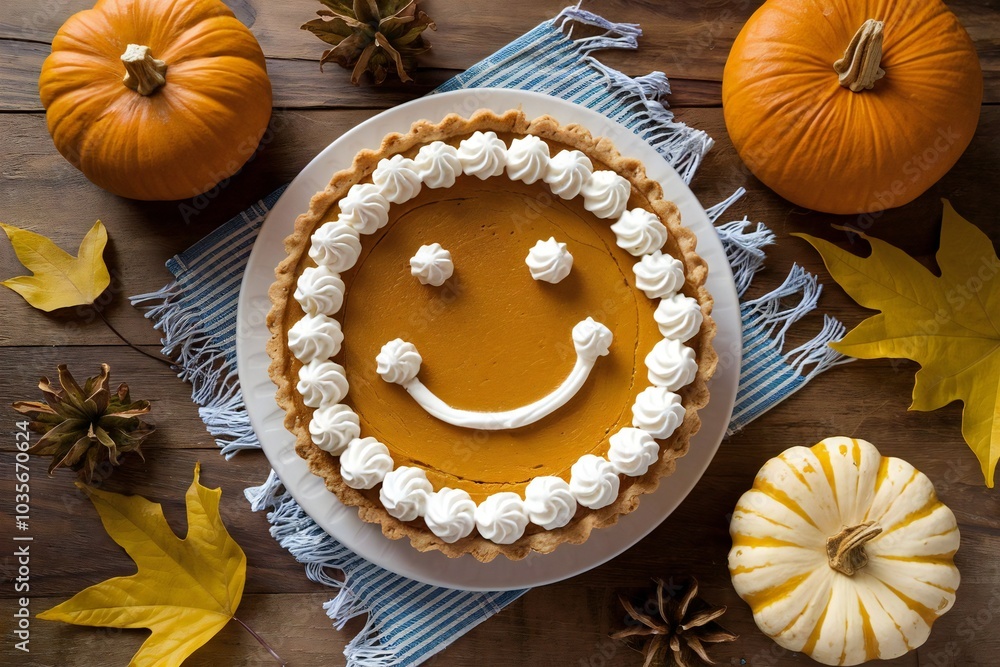 Pumpkin pie with whipped cream smile decoration, Top view Pumpkin pie with whipped cream smile decoration, Top view