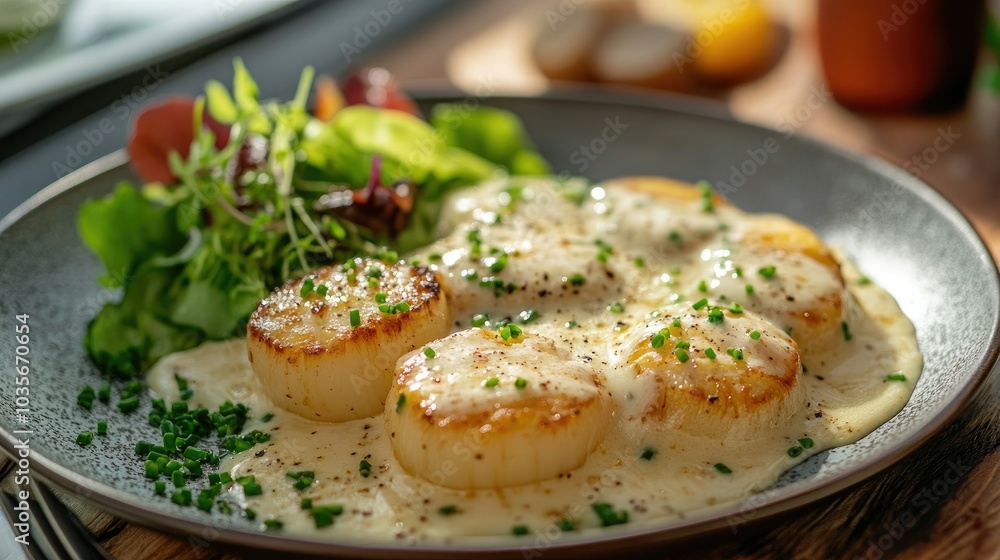 A beautifully plated portion of potato scallops with a creamy cheese sauce, garnished with chives and served with a side salad A beautifully plated portion of potato scallops with a creamy cheese sauce, garnished with chives and served with a side salad