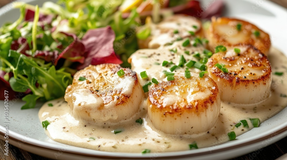A beautifully plated portion of potato scallops with a creamy cheese sauce, garnished with chives and served with a side salad A beautifully plated portion of potato scallops with a creamy cheese sauce, garnished with chives and served with a side salad