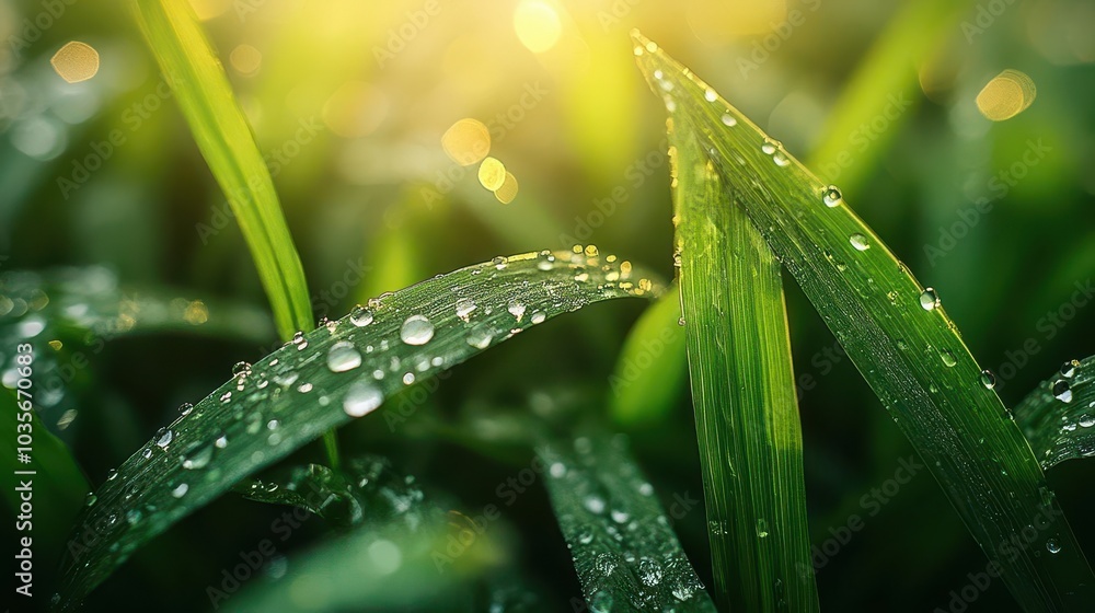 Naklejka premium dew drops glistening on blades of grass capturing natures beauty in a serene closeup evoking freshness and tranquility of the natural world