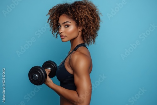 Attractive woman holding dumbbells facing sideways, Generative AI