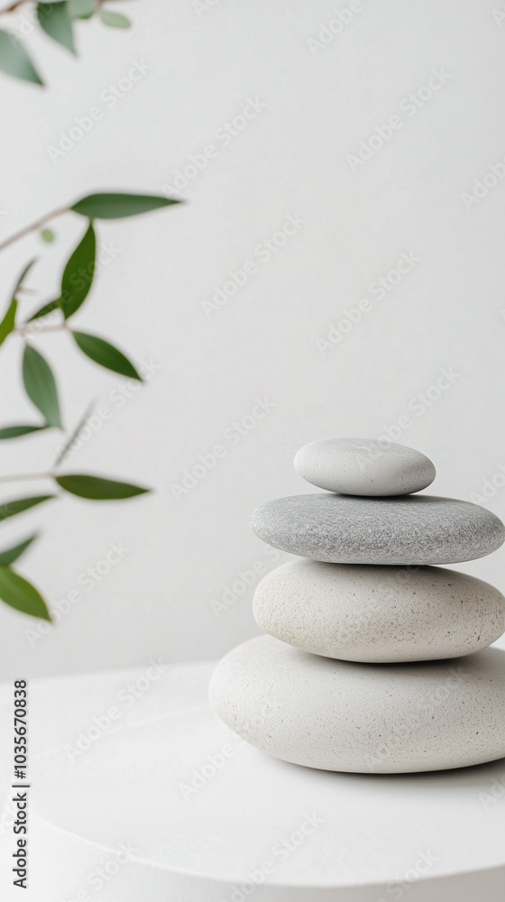 Stack of smooth pebbles placed on a clean white surface Stack of smooth pebbles placed on a clean white surface