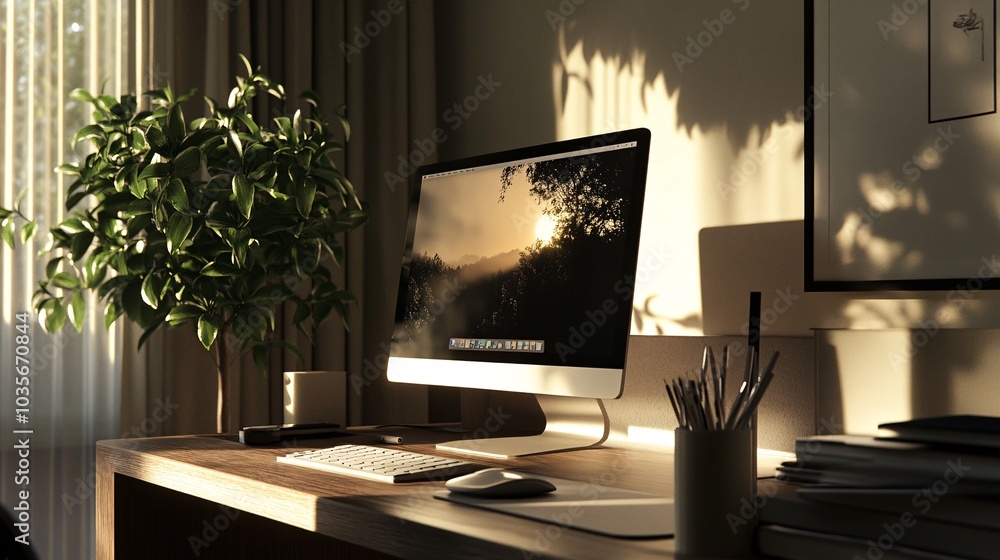 Fototapeta premium A cozy home office scene featuring a desktop computer bathed in soft sunlight, with a lush plant and stylish decor for an inspiring workspace.