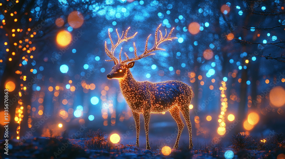 A majestic deer adorned with glowing antlers in an enchanted forest at twilight. The scene is illuminated by soft, warm lights, creating a mystical and dreamlike atmosphere A majestic deer adorned with glowing antlers in an enchanted forest at twilight. The scene is illuminated by soft, warm lights, creating a mystical and dreamlike atmosphere