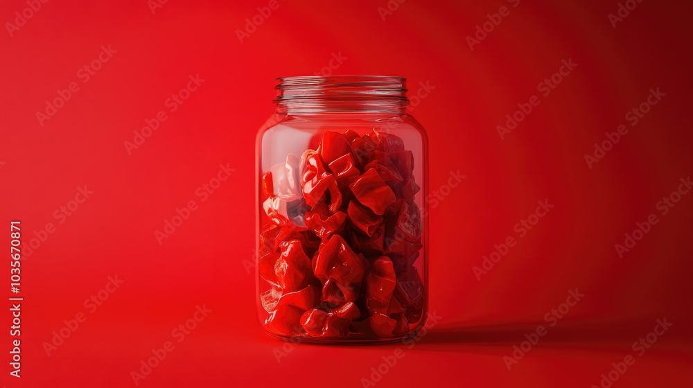 A bold image featuring pieces of red pepper in a glass jar, set against a vivid red background that draws the eye. A bold image featuring pieces of red pepper in a glass jar, set against a vivid red background that draws the eye.