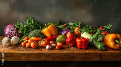 A colorful arrangement of fresh vegetables on a wooden surface, showcasing healthy food options.