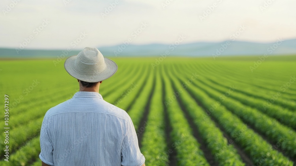 A contemporary farmer inspects the irrigation setup, utilizing advanced farming technology, surrounded by vast, lush green landscapes. A contemporary farmer inspects the irrigation setup, utilizing advanced farming technology, surrounded by vast, lush green landscapes.