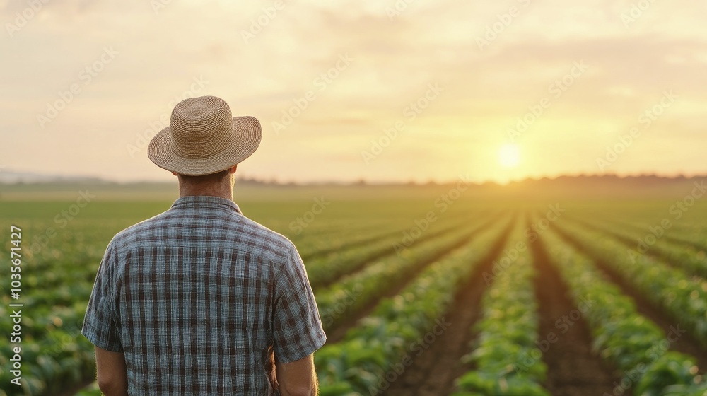 Modern farmer using drones to monitor crops, open farmland, vibrant sunset lighting Modern farmer using drones to monitor crops, open farmland, vibrant sunset lighting