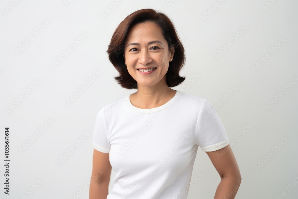 Smiling asian senior woman in blank white t-shirt. Smiling asian senior woman in blank white t-shirt.