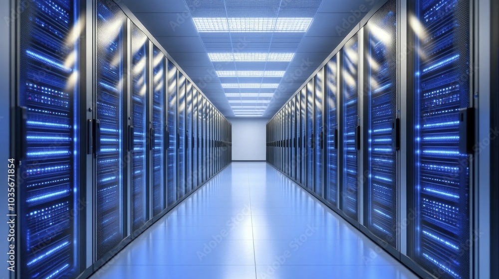 A server room featuring advanced cooling technologies, an innovative ambiance, and ambient deep blue LED lights creates a sleek and efficient environment for high-performance computing. A server room featuring advanced cooling technologies, an innovative ambiance, and ambient deep blue LED lights creates a sleek and efficient environment for high-performance computing.