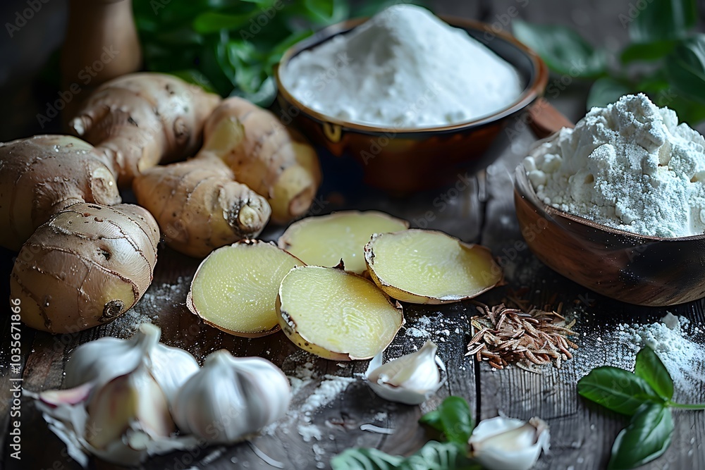 Fresh Ingredients for Culinary Delights: Ginger, Garlic, and Flour Fresh Ingredients for Culinary Delights: Ginger, Garlic, and Flour