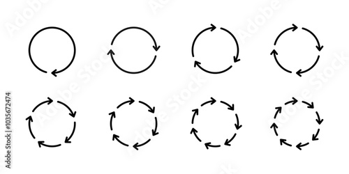 Set of eight schematic diagrams with black thin arrows located in circle with step of 1, 2, 3, 4, 5, 6, 7, 8. Vector illustration of cycles, processes, circulation, data processing.