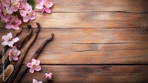 A charming scene with fresh vanilla sticks and flowers placed on a wooden background, inviting a sense of nature and warmth.