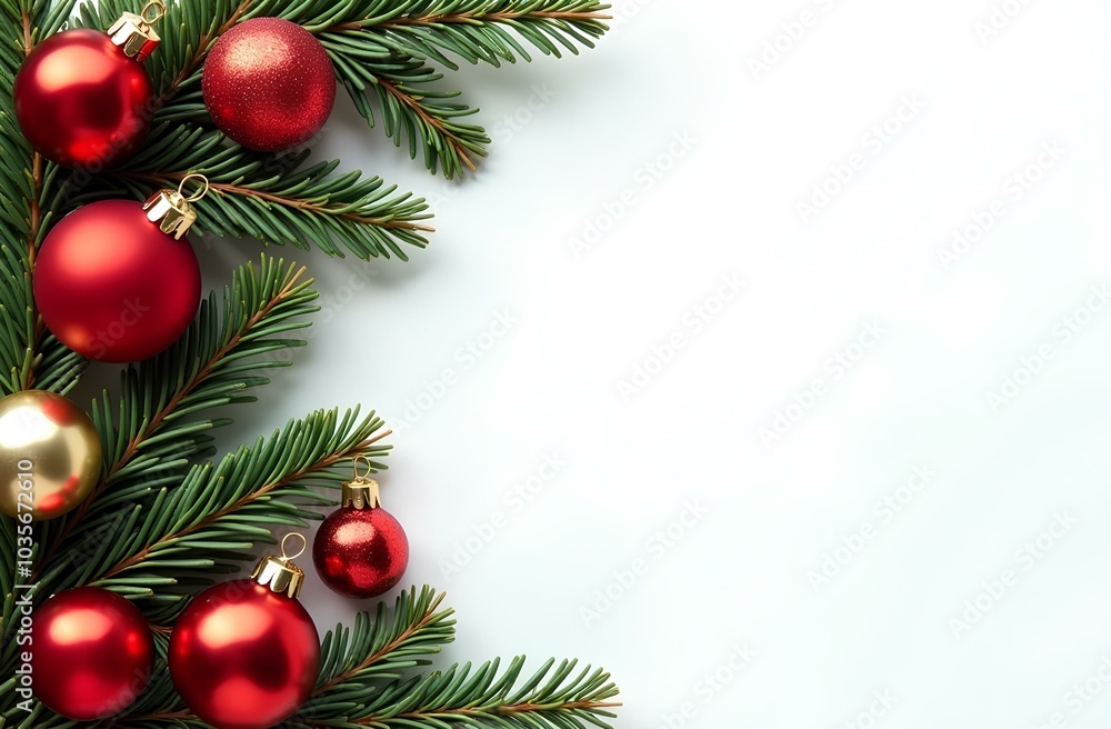Christmas ornaments and pine branches on a white background. Christmas ornaments and pine branches on a white background.
