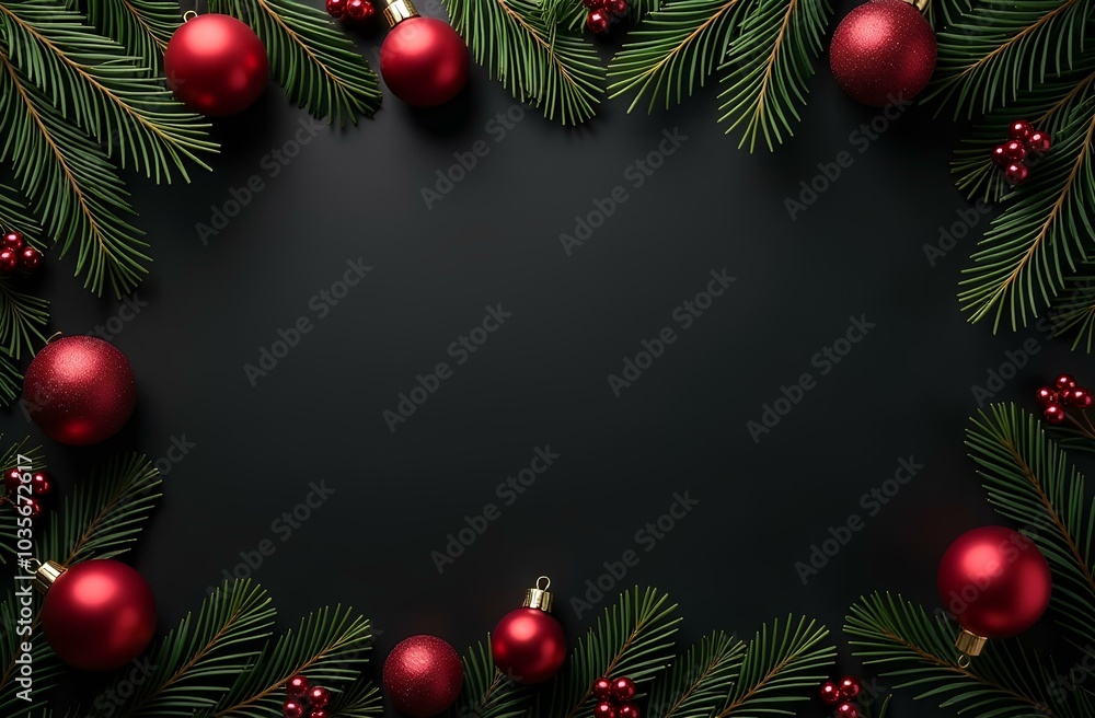 Christmas tree branches with red baubles and berries on black background. Flat lay composition with copy space. Christmas holiday concept for greeting card and poster design. Christmas tree branches with red baubles and berries on black background. Flat lay composition with copy space. Christmas holiday concept for greeting card and poster design.