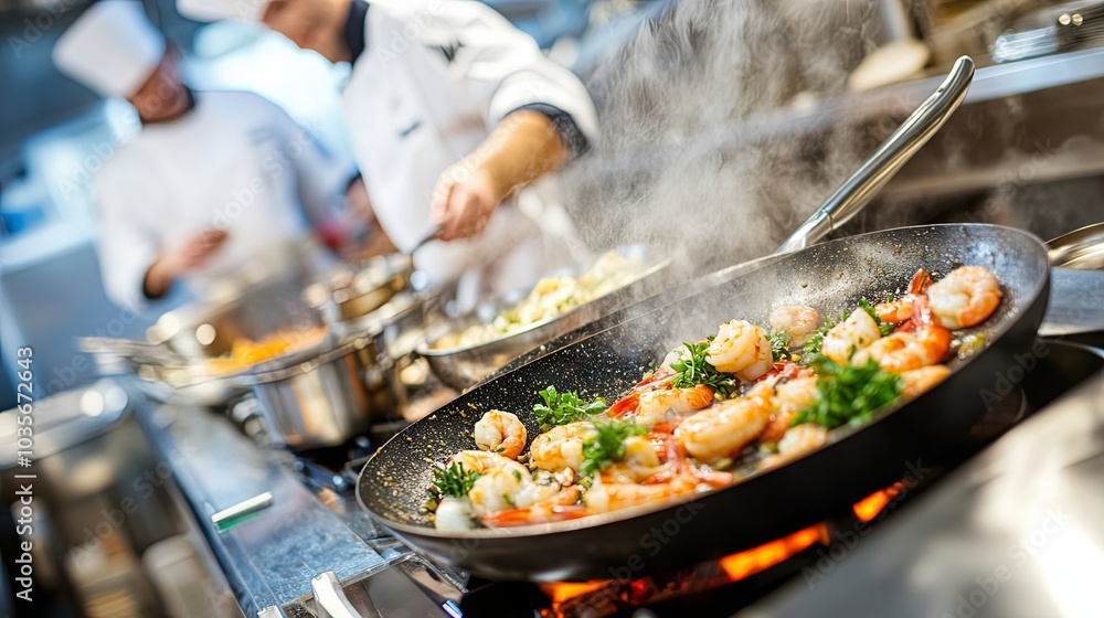 Close-up of Shrimp Cooking in a Pan with Chefs in the Background Close-up of Shrimp Cooking in a Pan with Chefs in the Background
