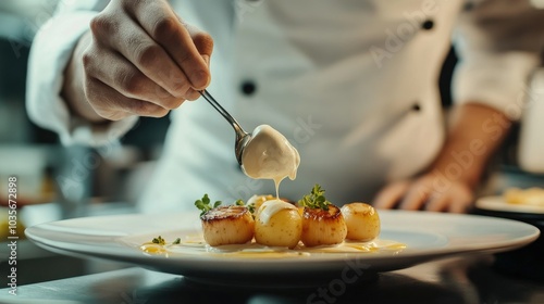 A chef plating potato scallops with precision, drizzling cream sauce over the top, creating a gourmet presentation photo