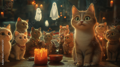 A group of cats gathered around a storyteller, with one cat animatedly recounting a spooky tale. Background decorations include floating ghost figures and flickering candles. photo