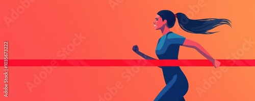 Fit woman crossing a marathon finish line, celebratory expression, goal achievement, sports event, flat design illustration