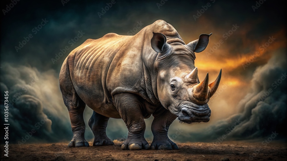 Fototapeta premium Wild Rhino Portrait on Dark Background - High Dynamic Range Photography for Framing
