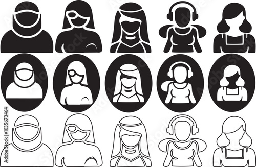 User profile woman icon set. Fill, circle and outline style silhouette, hijab woman, avatar, sign up button vector illustration. Female Profile Symbol, woman Icon Download.