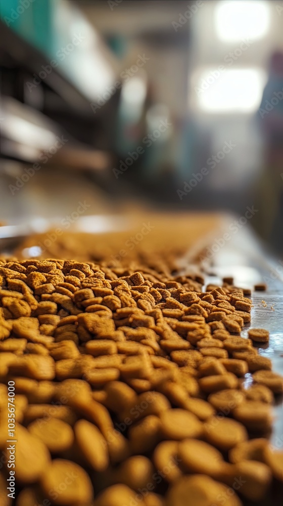 Close-up of Pet Food Kibble on a Conveyor Belt Close-up of Pet Food Kibble on a Conveyor Belt