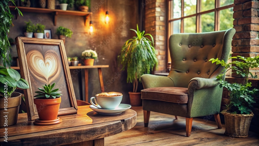 Fototapeta premium Cozy Coffee Shop Corner with Armchair, Chalkboard, and Cappuccino for Relaxation and Inspiration