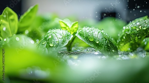 Close-up of vibrant green basil leaves with water droplets, showcasing growth and freshness.