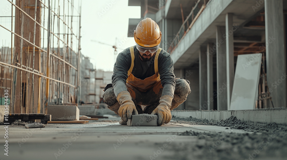 A construction worker in full safety gear kneels on the ground while smoothing freshly poured concrete on a construction site. The scene highlights the precision and hard work A construction worker in full safety gear kneels on the ground while smoothing freshly poured concrete on a construction site. The scene highlights the precision and hard work