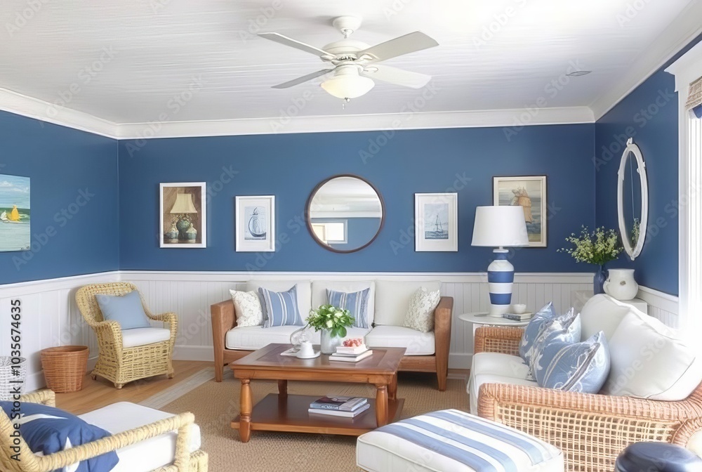 Fototapeta premium Coastal Retreat Light and airy space with nautical accents blue