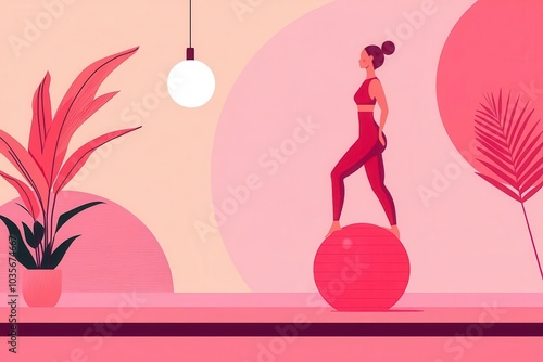 Woman in gym attire balancing on a Bosu ball, focus on core strength, goal-oriented exercise photo