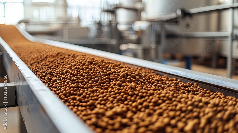 Fototapeta premium Close-up of Brown Pellets Moving on Conveyor Belt in Food Production Facility